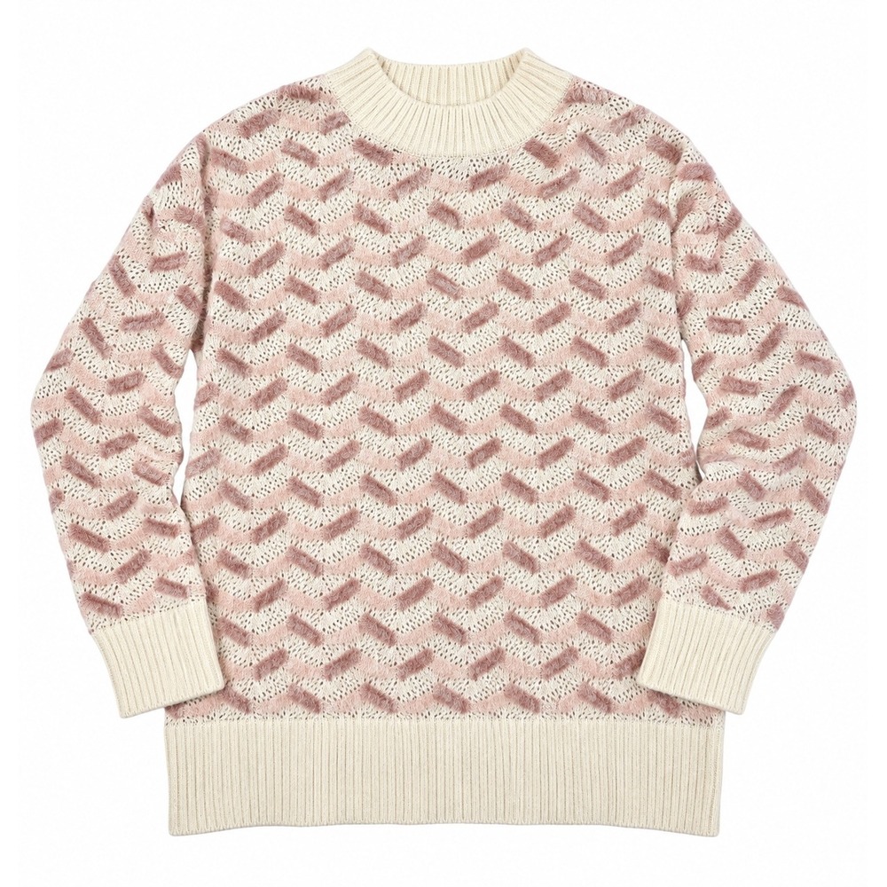 Coquette Sweater Large Cream Pink Fuzzy Chevron Knit Mock Neck Soft Girl